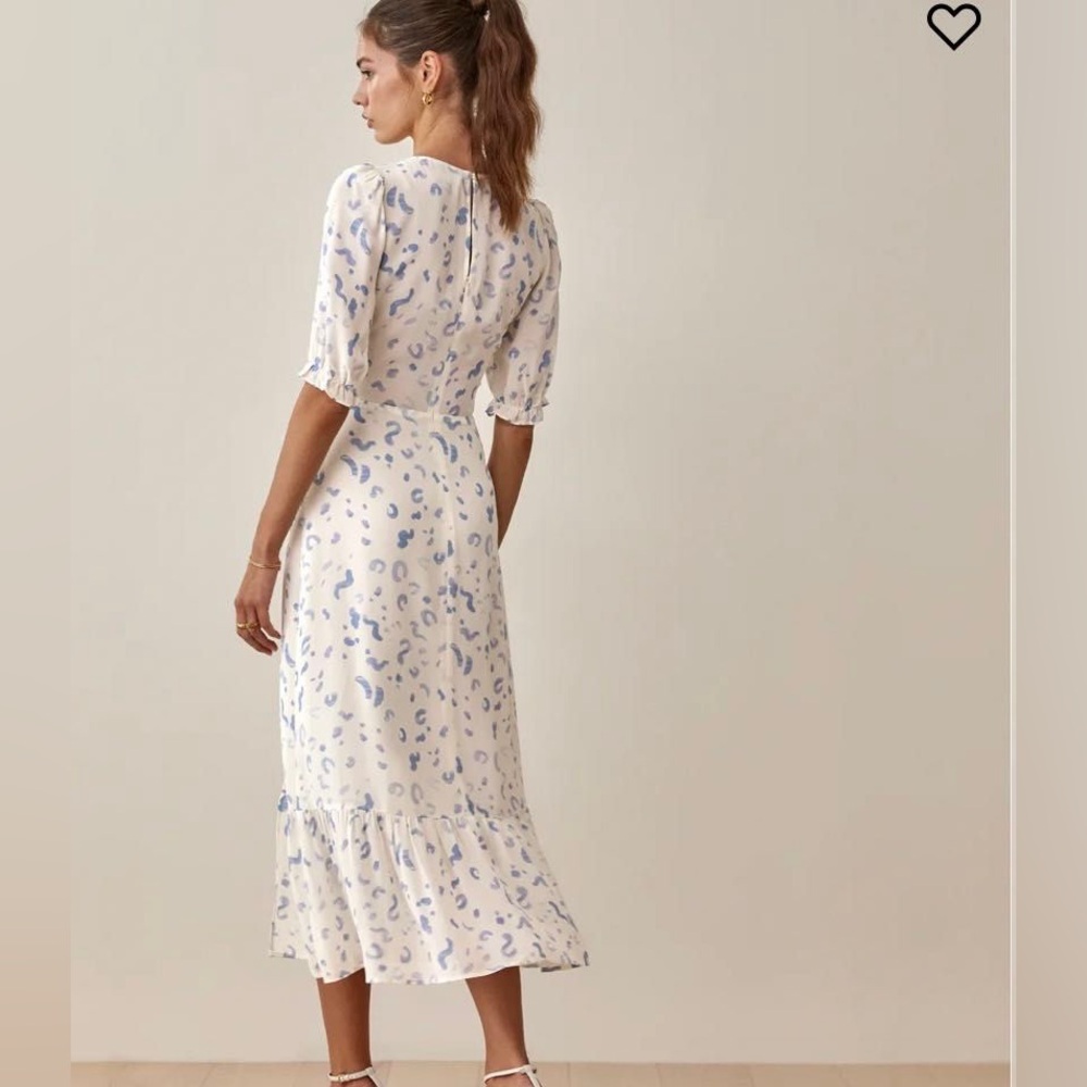 Reformation Nantes Midi Dress Pouf Sleeve Ruffle Hem in Marc - Picture 2 of 6